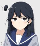  1girl ahoge artist_logo black_eyes black_hair blue_sailor_collar grey_background grey_sweater kantai_collection living_hair long_hair looking_at_viewer moti_coi one-hour_drawing_challenge sailor_collar school_uniform serafuku simple_background solo sweater upper_body ushio_(kancolle) 