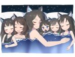  6+girls absurdres aina_(mao_lian) animal_ear_fluff animal_ears bare_arms bare_shoulders black_shirt blue_eyes blush brown_hair cat_ears cat_tail closed_eyes closed_mouth highres long_hair lying mao_lian_(nekokao) mother_and_daughter multiple_girls on_back on_side original parted_lips quintuplets shirt sleeping smile tail under_covers 