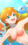  1girl :d air_bubble bangs beads breasts bubble cleavage collarbone commentary_request earrings freediving gen_1_pokemon goldeen green_eyes hair_between_eyes highres horsea jewelry kikuyoshi_(tracco) long_hair looking_to_the_side mermaid_costume misty_(pokemon) navel open_mouth orange_eyes orange_hair outstretched_arms pokemon pokemon_(anime) pokemon_(classic_anime) smile starmie swimming tongue underwater upper_teeth 