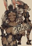  1girl 2023 animal_ears annoyed armor armored_leotard back_cutout black_armor black_helmet black_leotard breasts cleavage clothing_cutout cowboy_shot dark-skinned_female dark_skin ears_through_headwear final_fantasy final_fantasy_xii fingernails fran_(ff12) frown full_body hand_on_own_hip hand_up helmet highres large_breasts lenny_izquierdo leotard long_fingernails looking_at_viewer multiple_views navel pelvic_curtain ponytail rabbit_ears red_eyes revealing_clothes see-through_clothes see-through_pelvic_curtain stomach_cutout v-shaped_eyebrows vambraces viera white_hair 