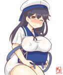  1girl artist_logo bag black_hair blue_sailor_collar blush breast_rest breasts brown_eyes commentary_request cosplay covered_nipples cowboy_shot dated dress hat hiburi_(kancolle) hiburi_(kancolle)_(cosplay) kanon_(kurogane_knights) kantai_collection large_breasts long_hair nose_blush one-hour_drawing_challenge one_eye_closed sailor_collar sailor_dress sailor_hat short_sleeves simple_background solo squatting tearing_up ushio_(kancolle) white_background white_dress white_headwear 