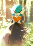  absurdres alternate_color bishamon_(usagi_ba) blurry closed_mouth commentary_request day flower gardevoir gen_3_pokemon highres mega_gardevoir mega_pokemon outdoors plant pokemon pokemon_(creature) red_eyes shiny_pokemon smile solo standing white_flower 