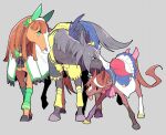  3girls adapted_costume air_groove_(umamusume) animalization aqua_eyes ascot bangs blunt_bangs bow bowtie brown_hair ear_bow ear_covers grey_background grey_bow grey_hair grey_neckwear hairband highres horse medium_request multicolored_hair multiple_girls no_humans silence_suzuka_(umamusume) streaked_hair takatsuki_nato tokai_teio_(umamusume) tongue tongue_out two-tone_hair umamusume white_hair younger 