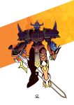  absurdres armor danzart_24 digimon digimon_(creature) full_body glowing glowing_eyes green_eyes helmet highres holding holding_sword holding_weapon kaisergreymon orange_helmet red_armor simple_background solo_focus standing sword weapon white_background zoom_layer 