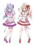  2girls :d :o alternate_costume apron bat_wings blonde_hair blood blood_bag blue_hair blush bow choker commentary_request cover dress fang flandre_scarlet frilled_thigh_strap full_body hair_bow hat heart heart-shaped_pupils heart_choker highres holding holding_stethoscope holding_syringe large_syringe looking_at_viewer medium_hair multiple_girls nurse nurse_cap one_side_up open_mouth oversized_object puffy_short_sleeves puffy_sleeves purple_dress purple_eyes red_bow red_dress red_eyes remilia_scarlet short_sleeves siblings simple_background sisters skin_fang smile socks standing stethoscope symbol-shaped_pupils syringe tamagogayu1998 thigh_strap touhou white_background white_socks wings wrist_cuffs 