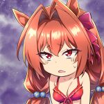  1girl animal_ears bikini blush breasts daiwa_scarlet_(umamusume) eyebrows_visible_through_hair hair_bobbles hair_ornament hair_ribbon horse_ears horse_girl long_hair low_twintails nakahira_guy official_alternate_costume pink_ribbon red_bikini red_eyes red_hair ribbon slit_pupils solo sweatdrop swimsuit twintails umamusume upper_body 