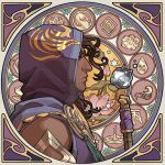  1boy aquiline_nose art_nouveau border brown_eyes brown_hair closed_mouth dark-skinned_male dark_skin elemental_water_symbol flower from_side hood hood_up hydrokinesis lotus male_focus mortal_kombat_(series) mortal_kombat_1_(2023) nose pink_flower portrait profile purple_hood rain_(mortal_kombat) sleeveless solo staff star_(symbol) tassel upper_body water wenny02 