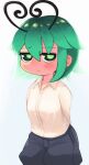  1girl antennae bangs black_shorts blush breasts closed_mouth collared_shirt commentary cowboy_shot eyebrows_visible_through_hair green_eyes green_hair hair_between_eyes heart highres looking_at_viewer shirt short_hair shorts simple_background small_breasts solo touhou ugif white_background white_shirt wriggle_nightbug 