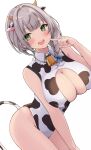  1girl animal_ears animal_print bangs bell breasts cleavage cleavage_cutout clothing_cutout cow_ears cow_girl cow_horns cow_print cow_tail cowbell eyebrows_visible_through_hair finger_to_mouth grey_hair highres hololive horns kneeling large_breasts leotard looking_at_viewer neck_bell open_mouth roriwanko shirogane_noel solo tail thighs virtual_youtuber 