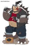 absurd_res anthro belly belly_peeking_out bottomwear claws clothing denim denim_bottomwear denim_clothing fingerless_gloves gloves handwear hi_res horn jacket jeans koopaling male mario_bros morton_koopa_jr. musclegut muscular nintendo pants pecs shell shirt solo spiked_shell spikes spikes_(anatomy) t-shirt topknot topwear torn_clothing watmeedraw