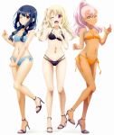  3girls :q absurdres alternate_hairstyle bare_shoulders bikini black_bikini black_hair blonde_hair blue_bikini blush breasts brown_eyes chloe_von_einzbern color_issue dark-skinned_female dark_skin earrings eyebrows_visible_through_hair fate/kaleid_liner_prisma_illya fate_(series) full_body hair_ornament hairclip halterneck high_heels high_ponytail highres illyasviel_von_einzbern jewelry long_hair miyu_edelfelt multiple_girls navel o-ring o-ring_bikini o-ring_bottom o-ring_top official_art one_eye_closed open_mouth orange_bikini orange_eyes pink_hair ponytail sandals side-tie_bikini simple_background small_breasts smile strapless swimsuit third-party_source tongue tongue_out tubetop twintails two_side_up v 