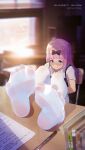  1girl 3: absurdres black_bow blue_eyes blunt_bangs blurry blurry_background blurry_foreground blush book bow chair closed_mouth commentary_request depth_of_field english_text feet feet_on_table fine_fabric_emphasis foot_focus foreshortening fujiwara_chika hair_bow highres icecake indoors kaguya-sama_wa_kokurasetai_~tensai-tachi_no_renai_zunousen~ long_hair looking_at_viewer no_shoes pantyhose paper pen photoshop_(medium) pink_hair school_chair school_uniform short_sleeves shuuchiin_academy_school_uniform sitting soles solo spread_toes toe_seam toes white_pantyhose 