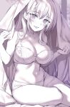  1girl bare_arms bare_shoulders blanket bra breasts cleavage collarbone commentary_request frilled_bra frills greyscale highres large_breasts long_hair looking_at_viewer mole mole_on_breast mole_under_eye monochrome navel open_mouth original oryou sitting smile solo stomach thighs under_covers underwear underwear_only 