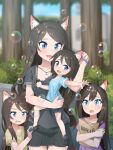  4girls :d absurdres aina_(mao_lian) animal_ear_fluff animal_ears between_breasts black_bra black_hair blue_eyes blue_shirt blurry blurry_background blush bra bra_peek breasts brown_hair bubble_blowing cat_ears cat_tail child cleavage commentary depth_of_field eyebrows_visible_through_hair grey_shirt highres jewelry long_hair mao_lian_(nekokao) miniskirt mother_and_daughter multiple_girls necklace open_mouth original pleated_skirt shirt siblings sisters skirt smile soap_bubbles t-shirt tail tree underwear 