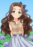  1girl beige_shirt bow brown_hair commentary_request curly_hair green_eyes hair_bow highres idolmaster idolmaster_cinderella_girls kusakabe_wakaba long_hair looking_at_viewer shirt skirt sleeveless sleeveless_shirt smile solo upper_body wgm_oekaki white_skirt 