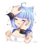  1girl absurdres animal_collar animal_ears animal_print arms_up atlanta_(warship_girls_r) bangs bell blue_hair blunt_bangs blush bob_cut bra breasts cat_ears cat_girl cat_print cheek_squash cleavage clenched_hands closed_eyes collar dated hand_on_another&#039;s_cheek hand_on_another&#039;s_face hand_on_another&#039;s_head hands_up happy head_tilt headpat heart highres jewelry light_blue_hair long_sleeves neck_bell neckerchief open_clothes open_mouth pov pov_hands red_collar ring shiny shiny_hair short_hair signature simple_background smile solo_focus strapless strapless_bra thick_eyebrows underwear warship_girls_r white_background white_bra white_sleeves william.b 