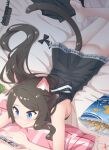  1girl absurdres aina_(mao_lian) animal_ear_fluff animal_ears ass bare_arms bare_legs bare_shoulders barefoot black_shirt blue_eyes blush breasts brown_hair cat_ears cat_tail cellphone chips closed_mouth comb food hair_spread_out highres ice_cream long_hair looking_at_phone lying mao_lian_(nekokao) medium_breasts naked_shirt on_stomach original phone pillow potato_chips shirt sideboob skirt skirt_removed smartphone smile soles solo tail 