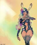  1girl animal_ears armor armored_leotard black_armor black_helmet black_leotard black_shrug black_thighhighs clothing_cutout covering_own_mouth cowboy_shot dark-skinned_female dark_skin ears_through_headwear final_fantasy final_fantasy_xii fingernails flower fran_(ff12) green_flower green_rose hair_flower hair_ornament hand_over_own_mouth hand_to_own_mouth hand_up helmet highres leotard long_fingernails long_hair nanami01697712 open_mouth ponytail red_eyes red_flower red_rose revealing_clothes rose sharp_fingernails shrug_(clothing) smile solo stomach_cutout thighhighs vambraces white_hair yellow_flower yellow_rose 