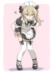  1girl alternate_costume apron bangs black_bow black_dress black_footwear black_neckwear blush bow bowtie closed_mouth clothes_lift collared_dress dress dress_lift enmaided frilled_dress frilled_sleeves frills frown full_body garter_straps girls_und_panzer leaning_forward lifted_by_self light_brown_eyes light_brown_hair long_hair maid maid_apron maid_headdress mary_janes one_side_up outside_border panties panty_pull pink_background puffy_short_sleeves puffy_sleeves pulled_by_self shadow shimada_arisu shoes short_sleeves solo squiggle standing sweatdrop tewarusa thighhighs underwear white_apron white_legwear 