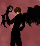  1boy absurdres arm_blade blade brown_hair claw_(weapon) closed_mouth eyebrows_visible_through_hair gumorugensui hand_in_pocket highres looking_at_viewer looking_back male_focus red_eyes shadow_hearts silhouette single_wing smile solo torn torn_wings weapon wings yuri_hyuga 
