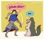 2025 3_toes 5_fingers armor artist_name artorias_the_abysswalker bent_arm black_eyes black_nose blue_cape blue_clothing blush bone canid canine canis cape clothed clothed_human clothed_male clothing colored dark_souls digital_drawing_(artwork) digital_media_(artwork) dot_eyes down_boy_(meme) duo english_description fangs feet female female_(lore) female_feral feral fingers fluffy fluffy_tail fromsoftware fully_clothed fully_clothed_human fully_clothed_male fur gesture great_grey_wolf_sif greaves green_body green_fur green_tail hand_gesture headgear helmet holding_bone human knight larger_human larger_male male male_human mammal motion_lines open_mouth open_smile peachdalooza pink_inner_ear pink_tongue pointing pointing_down quadruped rectangle shaded simple_background simple_eyes simple_shading sitting size_difference smaller_female smaller_feral smile smiling_at_another tail tail_motion tailwag teeth text toes tongue tongue_out warrior white_background white_body white_fur wolf yelling yelling_at_another