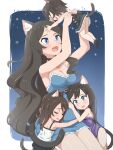  4girls :d absurdres aina_(mao_lian) animal_ear_fluff animal_ears black_choker blue_dress blue_eyes blush border breasts brown_hair cat_ears cat_tail child choker cleavage dress highres hug lifting_person long_hair mao_lian_(nekokao) miniskirt mother_and_daughter multiple_girls open_mouth original pleated_skirt short_dress sitting skirt smile tail triplets white_border 