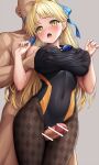  1boy 1girl :o bald bang_dream! bar_censor black_leotard blonde_hair blue_bow blue_ribbon bow brown_pantyhose censored checkered_pantyhose clothed_female_nude_male commentary_request commission covered_navel faceless faceless_male grabbing_another&#039;s_breast grabbing_from_behind grey_background groping hair_bow hair_ribbon hetero lambda_(kusowarota) leotard long_hair looking_at_viewer nude open_mouth pantyhose pantyhose_under_swimsuit penis ribbon simple_background skeb_commission standing swimsuit thigh_sex tongue tsurumaki_kokoro yellow_eyes 