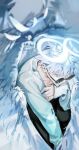  1boy bangs black_pants blue_eyes blue_shirt blurry blurry_background closed_mouth expressionless feathered_wings feet_out_of_frame gojou_satoru hair_between_eyes halo hand_on_own_chin highres infinity jujutsu_kaisen keki_chogyegi long_sleeves looking_away male_focus pants round_eyewear shirt short_hair sitting sleeves_past_wrists solo sunglasses white_hair wings 