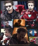  3boys absurdres animification arc_reactor armor avengers:_infinity_war avengers_(series) black_eyes black_hair black_jacket blood blood_on_face blue_eyes blue_sky bodysuit brown_hair chjjlold cloak closed_eyes closed_mouth commentary_request derivative_work doctor_strange facial_hair full_armor highres holding holding_hands holding_removed_eyewear iron_man jacket korean_commentary long_sleeves looking_at_another male_focus marvel marvel_cinematic_universe multicolored_armor multicolored_hair multiple_boys multiple_views no_mouth open_clothes open_jacket power_armor red_armor red_bodysuit red_cloak screenshot_redraw short_hair sky space spider-man spider_web_print star_(sky) starry_sky streaked_hair sunglasses superhero_costume tearing_up tony_stark track_jacket unworn_eyewear upper_body white-framed_eyewear yellow_armor 