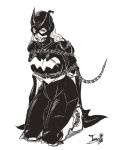  1girl arms_behind_back ball_gag batgirl batman_(series) belt bound breasts cape captured chain chained gag gagged kneeling large_breasts long_hair mask monochrome signature solo superhero tare-katsu torn_clothes white_background 