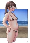  1girl bangs beach belly bikini black-framed_eyewear black_bikini blunt_bangs blurry blurry_background blush breasts breasts_apart brown_eyes brown_hair character_request commentary copyright_request cowboy_shot cropped_legs eyebrows_visible_through_hair from_side glasses hand_on_hip highres jimiko long_hair looking_at_viewer looking_to_the_side micro_bikini navel ocean open_mouth outside_border plump ponytail sand shadow shigekikkusu shiny shiny_hair side-tie_bikini sidelocks signature skindentation sky small_breasts solo straight_hair string_bikini sweat swimsuit thick_thighs thighs tsurime waves white_background 