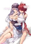  2girls artist_name assisted_exposure bare_legs blindfold bracelet breast_grab breasts breath camilla_(fire_emblem) cleavage clothes_lift commentary dress dress_lift english_commentary english_text fire_emblem fire_emblem_fates fire_emblem_heroes ge-b grabbing groping hair_over_one_eye headband heart highres hinoka_(fire_emblem) jewelry large_breasts multiple_girls official_alternate_costume purple_eyes purple_hair red_hair scarf short_hair simple_background sitting sound_effects speech_bubble thigh_strap thighs twitter_username undressing white_scarf yuri 