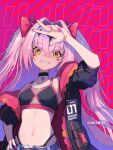  1girl :d alternate_costume armpit_crease black_bra black_jacket black_panties bow bra character_name choker diamond_choker diamond_hair_ornament digging_pie epic_seven facial_mark grin hair_intakes hand_on_own_hip hand_up highleg highleg_panties highres jacket linea_alba long_hair luluca_(epic_seven) multicolored_jacket navel panties pants pink_background pink_bow pink_hair pink_nails sleeves_rolled_up smile solo stomach top_model_luluca_(epic_seven) triangle triangle_facial_mark two-tone_jacket two_side_up underwear v yellow_eyes 
