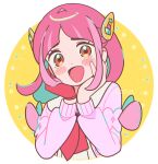  1girl :d blush brown_eyes cardigan chueog gloves hair_ornament hairclip hands_on_own_face lacey_(pokemon) long_sleeves looking_at_viewer medium_hair open_cardigan open_clothes open_mouth pink_cardigan pink_hair pokemon pokemon_sv red_gloves revision single_glove smile solo upper_body 