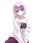  1girl bangs closed_mouth commentary_request eyebrows_visible_through_hair gridman_universe head_tilt highres jacket long_sleeves looking_at_viewer off_shoulder pink_hair red_eyes shinjou_akane shirt short_hair simple_background smile solo ssss.gridman upper_body usamin_(artist) white_background white_jacket white_shirt 