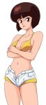  1girl :d absurdres arms_under_breasts bangs bikini bikini_top blunt_bangs bob_cut breasts brown_eyes brown_hair cleavage collarbone commentary cowboy_shot crossed_arms highres looking_at_viewer medium_breasts midriff navel open_fly open_mouth ranma_1/2 romaji_commentary short_hair short_shorts shorts smile solo standing swimsuit tendou_nabiki transparent_background unzipped white_shorts x20man yellow_bikini 
