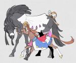  2girls adapted_costume animalization ascot black_hair brown_hair capelet grey_background height_difference horse medium_request multicolored_hair multiple_girls narita_brian_(umamusume) no_humans red_capelet solid_oval_eyes streaked_hair takatsuki_nato tokai_teio_(umamusume) two-tone_hair umamusume white_hair yellow_eyes younger 