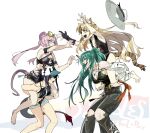  4girls animal_ear_fluff animal_ears arknights baseball_cap belt bikini black_belt black_bikini black_pants black_swimsuit blue_hair blue_shorts breasts camisole carrying ch&#039;en_(arknights) closed_eyes dragon_horns dragon_tail eyewear_on_head female_tourist_c_(arknights) green_hair hat highres horns horns_through_headwear hoshiguma_(arknights) jewelry large_breasts lin_yuhsia_(arknights) long_hair long_pants mouse_ears mouse_girl multiple_girls necklace one-piece_swimsuit oni_horns open_mouth pants pink_hair short_shorts shorts shoulder_carry simple_background single_horn smile sun_hat sunglasses swimsuit swire_(arknights) tail tiger_ears tiger_girl tiger_tail white_background white_headwear yuyanshu13 