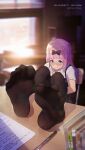  1girl 3: absurdres black_bow black_pantyhose blue_eyes blunt_bangs blurry blurry_background blurry_foreground blush book bow chair closed_mouth commentary_request depth_of_field english_text feet feet_on_table fine_fabric_emphasis foreshortening fujiwara_chika hair_bow highres icecake indoors kaguya-sama_wa_kokurasetai_~tensai-tachi_no_renai_zunousen~ long_hair looking_at_viewer no_shoes pantyhose paper pen photoshop_(medium) pink_hair school_chair school_uniform short_sleeves shuuchiin_academy_school_uniform sitting soles solo spread_toes toe_seam toes 