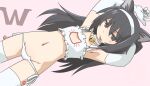  1girl :p arms_up bangs bell black_hair bra brown_eyes cat_cutout cat_ear_panties cat_lingerie choker closed_mouth clothing_cutout eyebrows_visible_through_hair flat_chest frilled_bra frills girls_und_panzer gloves groin hairband half-closed_eyes long_hair looking_at_viewer lowleg lowleg_panties lying meme_attire navel neck_bell on_back panties pink_background reizei_mako side-tie_panties simple_background smile solo string_panties tewarusa thighhighs tongue tongue_out underwear underwear_only white_bra white_choker white_gloves white_hairband white_legwear 