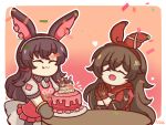  2girls amber_(genshin_impact) animal_ears april_(arknights) apron arknights bangs birthday_cake border brown_gloves brown_hair cake closed_eyes confetti crossed_bangs crossover english_text eyebrows_visible_through_hair food genshin_impact gloves hair_between_eyes hair_ribbon hands_together highres long_hair mii_(sedaprasa) multiple_girls open_mouth oven_mitts pink_apron rabbit_ears red_ribbon ribbon tongue tongue_out white_border wooden_table 