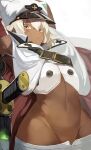  1girl absurdres armpits bandaged_arm bandages belt black_belt breasts capelet clover crop_top dark-skinned_female dark_skin four-leaf_clover gloves guilty_gear guilty_gear_strive hair_between_eyes highres long_hair mizuiro_sanshou navel orange_eyes platinum_blonde_hair ramlethal_valentine small_breasts white_headwear 