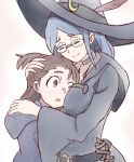  2girls :o belt bespectacled black_choker blue_hair blush breasts brown_hair choker closed_eyes closed_mouth commentary crescent crescent_hat_ornament crescent_pin glasses hat hat_feather hat_ornament hood hood_down hug kagari_atsuko little_witch_academia luna_nova_school_uniform medium_breasts motherly multiple_girls open_mouth red_eyes robe school_uniform simple_background smile sumadashintaro upper_body ursula_charistes white_background wide_sleeves witch witch_hat 
