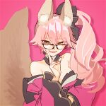  1girl alternate_costume animal_ear_fluff animal_ears bangs bare_shoulders black-framed_eyewear black_bow bow breasts brown_eyes cleavage collarbone commentary_request cosplay detached_collar detached_sleeves eyebrows_visible_through_hair fangs fate/grand_order fate_(series) fox_ears fox_girl fox_tail glasses hair_between_eyes hair_bow hand_on_own_chin isagiyo japanese_clothes kimono koyanskaya_(fate) large_breasts lips long_hair looking_at_viewer open_mouth pink_background pink_hair pink_kimono pink_sleeves ponytail red_lips shiny shiny_hair side_ponytail simple_background smile solo tail tamamo_(fate) tamamo_no_mae_(fate/extra) tamamo_no_mae_(fate/extra)_(cosplay) upper_body v wide_sleeves 
