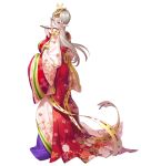  1girl branch breasts cherry_blossoms chevalier_(taimanin) full_body highres japanese_clothes kimono large_breasts looking_at_viewer looking_back nobushito official_art pointy_ears red_eyes second-party_source taimanin_(series) taimanin_rpgx white_background white_hair 