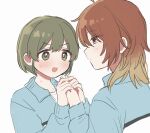  2girls :o aketa_mikoto blush brown_hair chiyoko_(tykchiyo) commentary green_hair highres holding_hands idolmaster idolmaster_shiny_colors jacket multiple_girls nanakusa_nichika simple_background sweatdrop track_jacket upper_body white_background yuri 