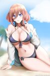  1girl arm_support bangs banned_artist beach bikini black_bikini blue_eyes blue_sky blush breasts brown_hair cleavage cloud front-tie_bikini front-tie_top go-toubun_no_hanayome hair_between_eyes headphones headphones_around_neck highres kimmy77 large_breasts long_hair looking_at_viewer nakano_miku navel off_shoulder palm_tree parted_lips patreon_username playing_with_own_hair sand shirt side-tie_bikini sitting sky solo swimsuit tree white_shirt 