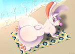 2024 4_fingers all_fours anthro beach beach_towel big_butt bubble_gum bun-za_(footfoxxy) butt cheek_tuft facial_tuft fingers footfoxxy fur head_tuft hi_res high-angle_view lagomorph leporid long_ears looking_up male mammal nude_anthro nude_male outdoor_nudity pawpads pink_nose pink_pawpads purple_eyes rabbit rabbit_ears scut_tail short_tail solo tail thick_thighs towel tuft water white_body white_fur wide_hips