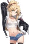 1girl black_jacket blonde_hair blue_shorts braid breasts camisole clarent_(fate) collar collarbone commentary contrapposto cowboy_shot fate/apocrypha fate/grand_order fate_(series) green_eyes half_up_braid highres jacket long_hair long_sleeves looking_at_viewer mordred_(fate) mordred_(fate/apocrypha) navel open_clothes open_jacket parted_bangs ponytail shorts sidelocks small_breasts smile solo stomach sword thighs tonee variant_set weapon white_camisole 