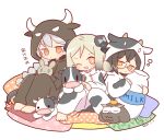  3girls animal_costume animal_ears arknights blanket blonde_hair blush braid brown_hair chibi commentary cow_costume dated demon_horns fake_animal_ears fake_horns grey_hair holding holding_stuffed_toy horns ifrit_(arknights) long_hair looking_at_viewer multiple_girls one_eye_closed open_mouth orange_eyes ramune_(ramu33) saria_(arknights) semi-rimless_eyewear short_hair short_twintails silence_(arknights) simple_background stuffed_animal stuffed_bunny stuffed_cow stuffed_toy twintails under-rim_eyewear white_background yellow_eyes 